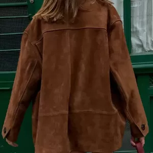 Vintage Brown Suede Leather Loose Single Breasted Long Sleeves Coat - Image 3