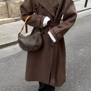 Women's Wool Casual Solid Lapel Double Breasted Coat With Belt - Image 7