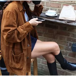 Vintage Brown Suede Leather Loose Single Breasted Long Sleeves Coat - Image 4