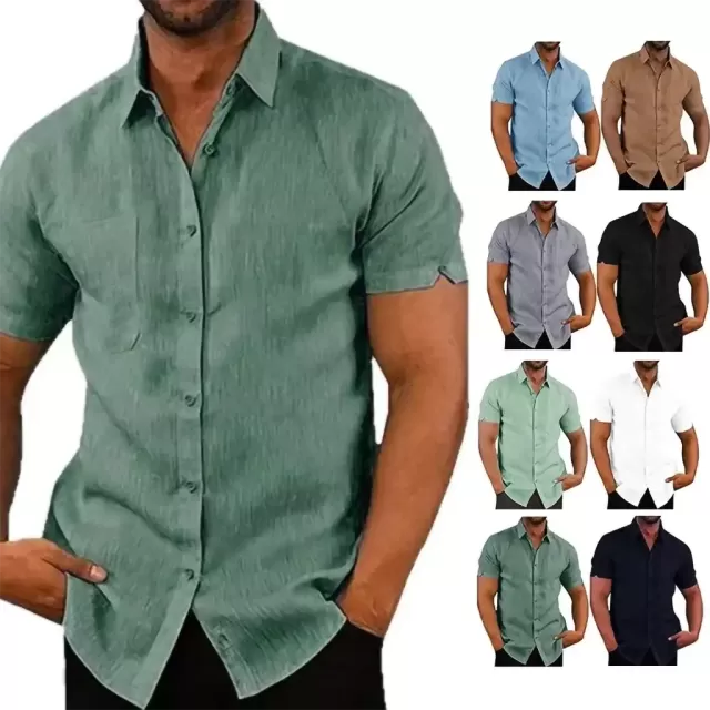 Men's Cotton Linen Casual Short Sleeved Solid Turn-Down Collar Shirts