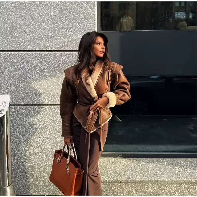 Vintage Lace Up Brown Patchwork Lapel Pocketed Loose Leather Jacket With Belt