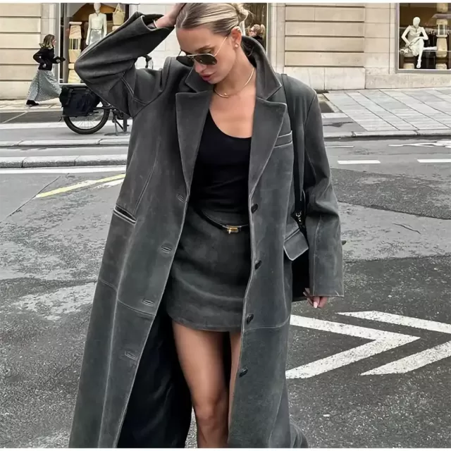 Women's Retro Turn-Down Collar Solid Single Breasted Leather Trench Coat