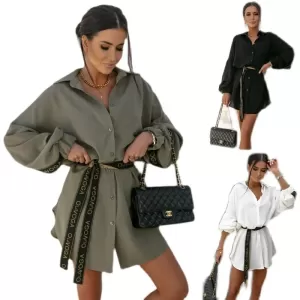 Women's Waist-Tie Long Sleeve Shirt Dress - Image 4