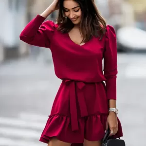 Women's Elegant V-Neck Long Sleeve Ruffled Waist-Fold Solid Color Dress - Image 1