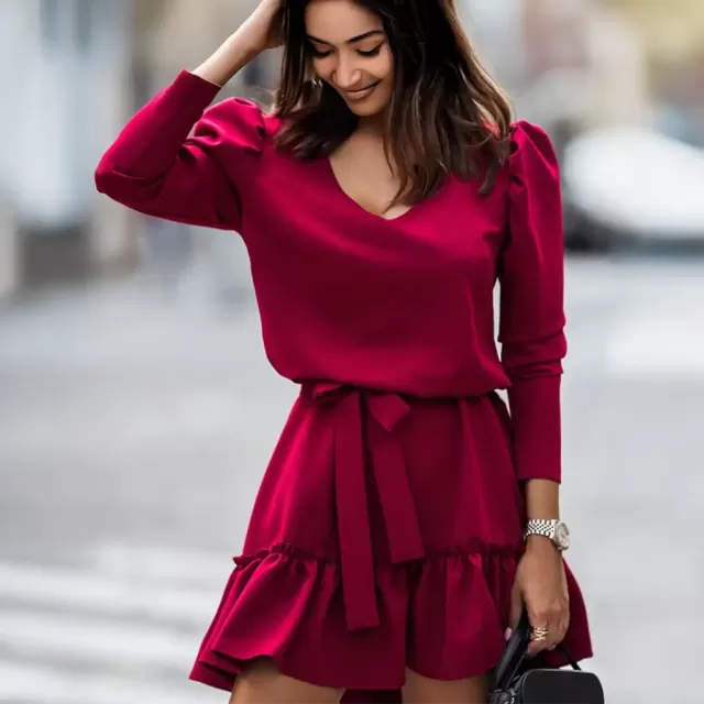 Women's Elegant V-Neck Long Sleeve Ruffled Waist-Fold Solid Color Dress