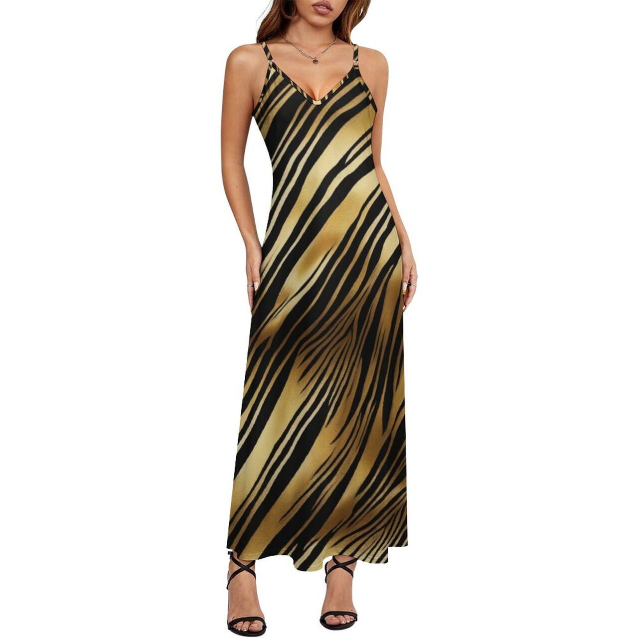 Gold Zebra Sleeveless Strappy Maxi Dress