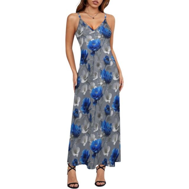 Blue White Floral Sleeveless Strappy Maxi Dress