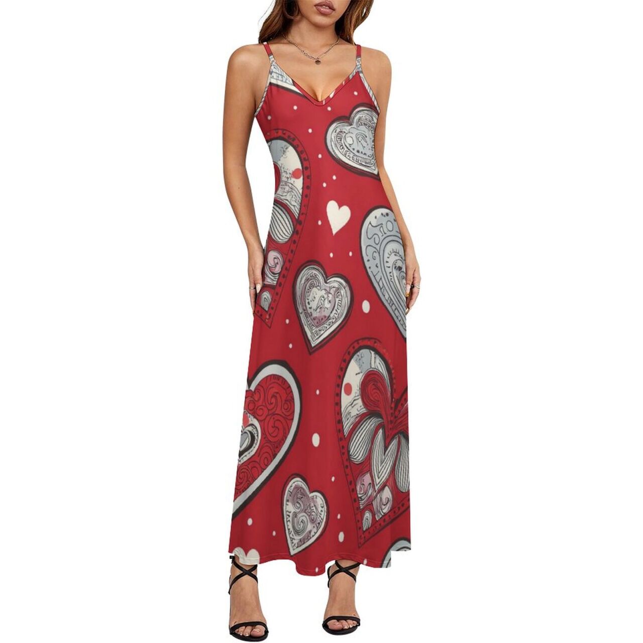 Giant Red Heart Sleeveless Strappy Maxi Dress