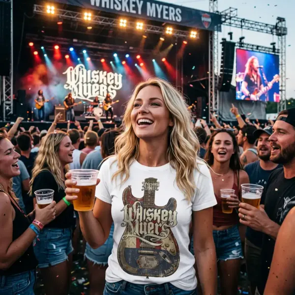 Firefly_Place the reference image on a gorgeous blond model smiling and enjoying a Whiskey My 464702