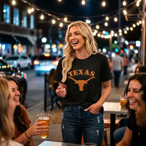 Firefly_Place the reference image on a gorgeous blond model smiling and enjoying a night out 257834