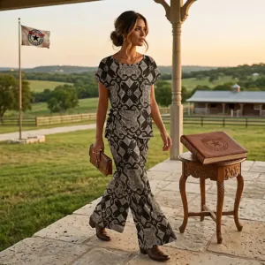 French Accent Women's Side-Tie Short Sleeve Top & Wide-Leg Pants Set - Image 1