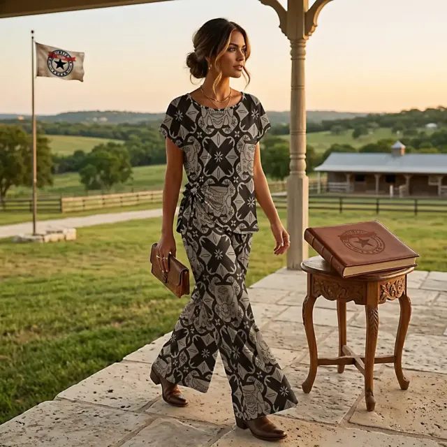 French Accent Women's Side-Tie Short Sleeve Top & Wide-Leg Pants Set