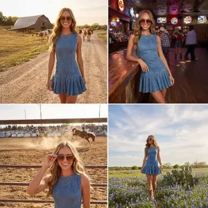 Women's Backless Sleeveless Pleated Denim Bow Ruffle Dress - Image 6