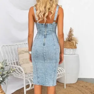 Women's U Neck Sleeveless Denim Slim Maxi Dress - Image 5