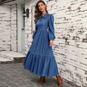 Women's Bow Tie Neck Ruffle Hem Puff Sleeve Denim Dress - Image 5