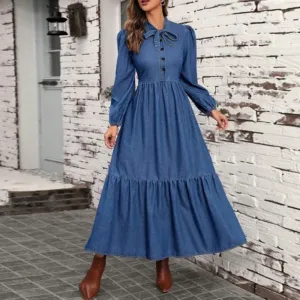 Women's Bow Tie Neck Ruffle Hem Puff Sleeve Denim Dress - Image 3