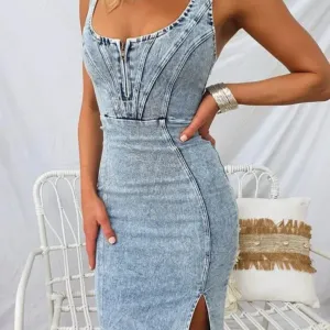 Women's U Neck Sleeveless Denim Slim Maxi Dress - Image 6