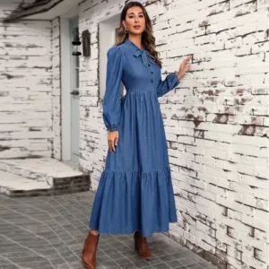 Women's Bow Tie Neck Ruffle Hem Puff Sleeve Denim Dress - Image 4