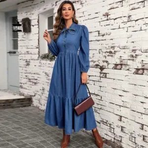 Women's Bow Tie Neck Ruffle Hem Puff Sleeve Denim Dress